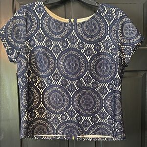 Tacera Navy and Cream Lace-Effect Short Sleeve Top